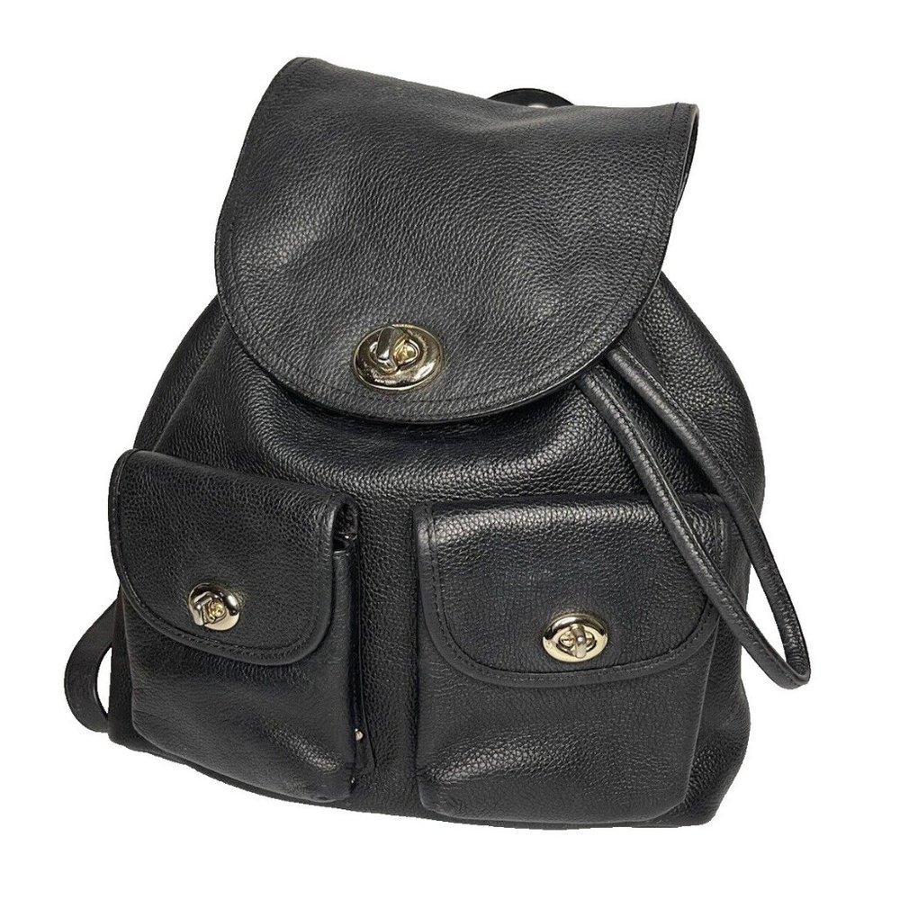 Coach Black Pebbled Leather Backpack Bag Large Turnlock  Adj straps 12" high